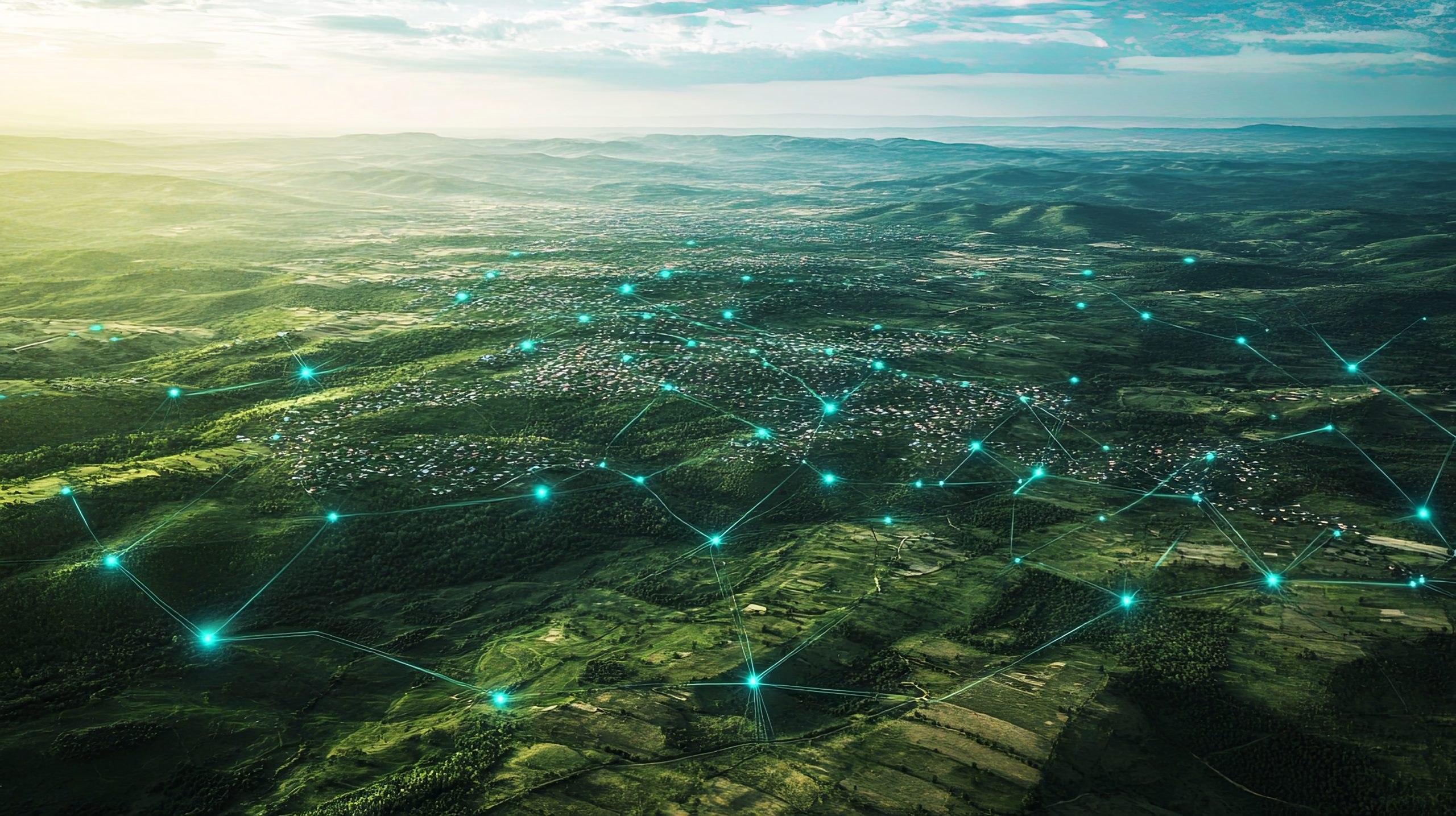 Aerial view of land featuring network markers that indicate land development planning and connectivity, highlighting potential growth areas.