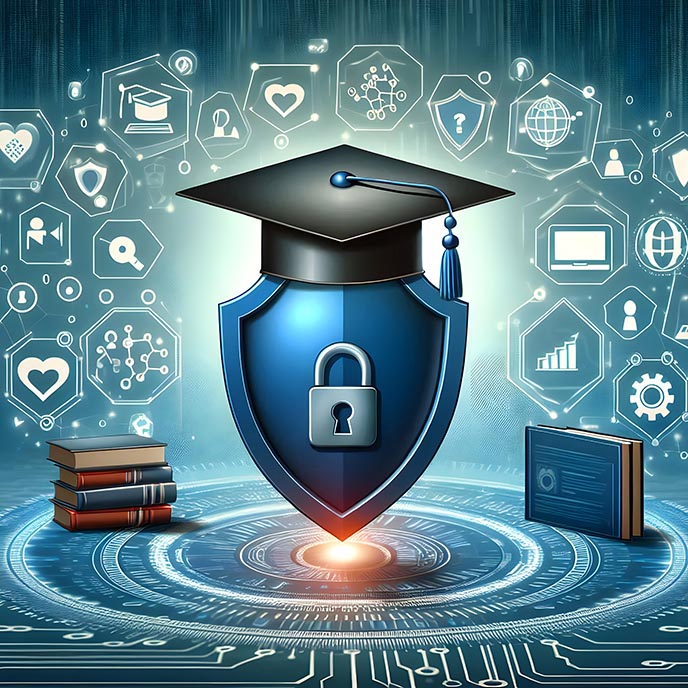 Illustration of a cyber shield with a grad cap and books.